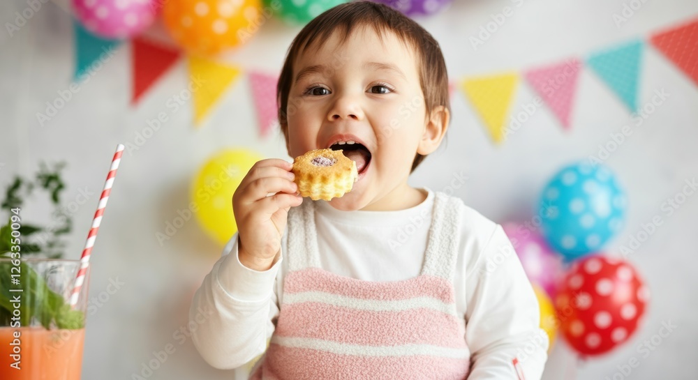 Asian toddler enjoying a cookie at a colorful birthday party celebration Asian toddler enjoying a cookie at a colorful birthday party celebration