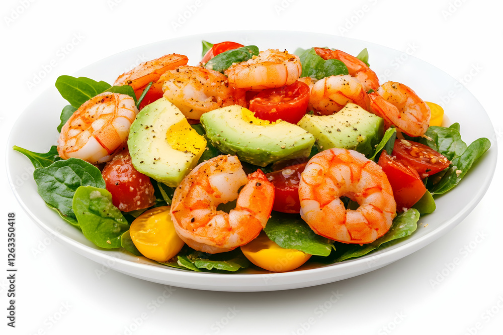 Shrimp salad with avocado and tomatoes on spinach, served on plate for diet. Generative AI Shrimp salad with avocado and tomatoes on spinach, served on plate for diet. Generative AI