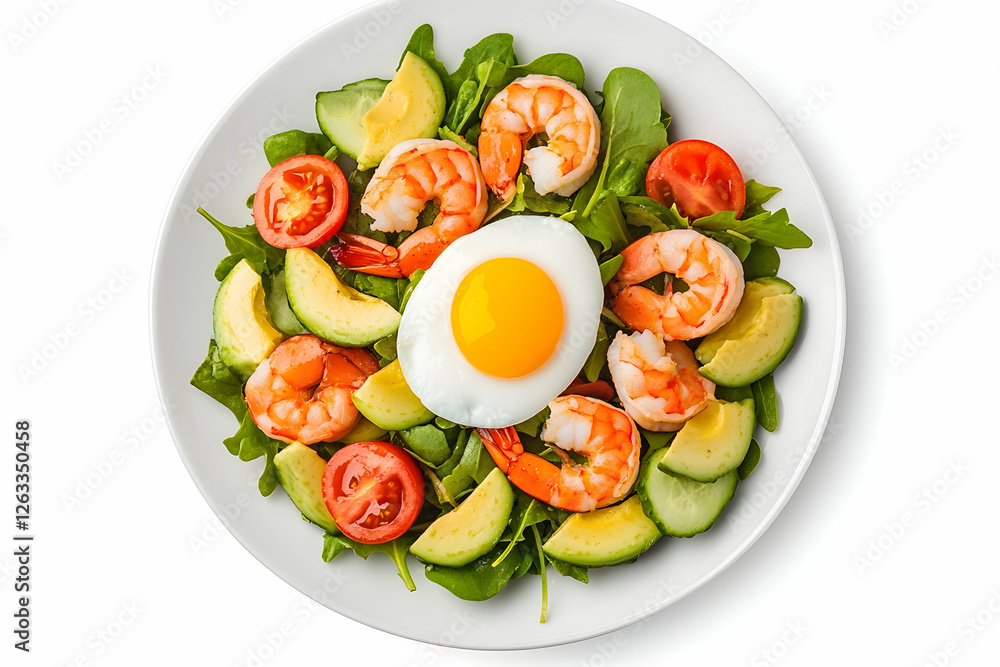 Shrimp salad with egg, tomatoes, avocado, cucumber, and arugula on a plate. Generative AI Shrimp salad with egg, tomatoes, avocado, cucumber, and arugula on a plate. Generative AI