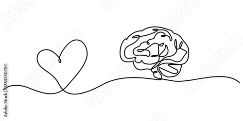 heart mind brain connection continuous one line drawing, heart mind brain connection mental health one line art design, Human brain and heart continuous one line art drawing. Rationality with emotions