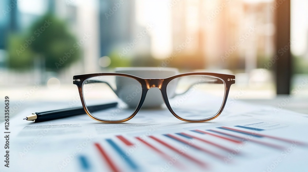 Glasses on financial charts, city background Glasses on financial charts, city background
