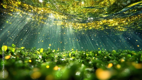 Sunlight Filtering Through Clear Water Above Vibrant Green Algae