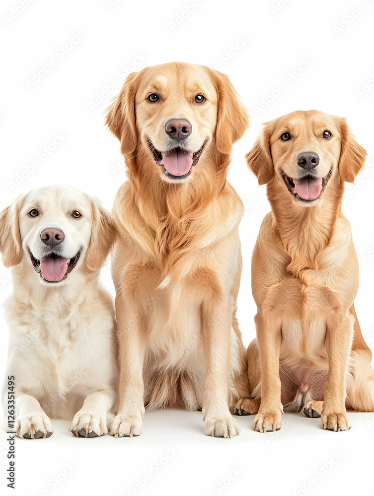 Three Golden Retrievers sitting closely, isolated on white. Pet portrait use. Generative AI Three Golden Retrievers sitting closely, isolated on white. Pet portrait use. Generative AI