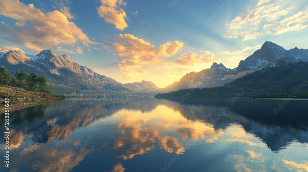 Fototapeta premium Serene Sunset Landscape Mountain Lake Reflection, Digital Painting, Golden Hour, Nature Scenery, Landscape Art Keywords Digital art, Mountain lake