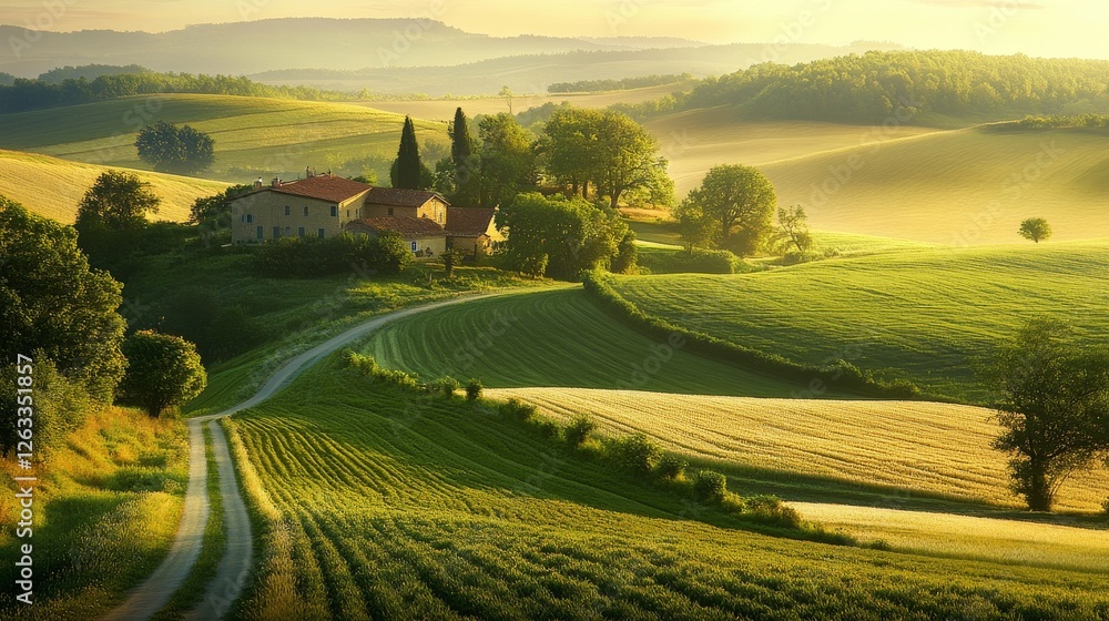Obraz premium Tuscan Farmhouse Sunrise Rolling Hills Landscape Photography, Composition Aerial View, golden hour, landscape photography, rural scenery Tuscan landscape, countryside photography