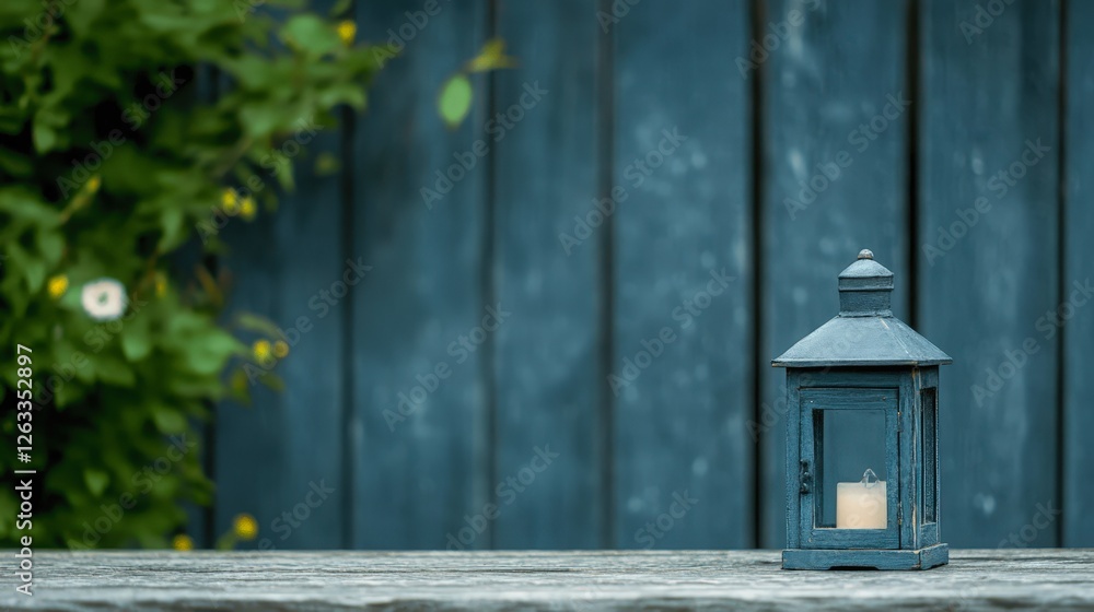 A rustic lantern with a soft candle glow, set against a serene blue backdrop with greenery, evokes a cozy, inviting atmosphere, Ideal for home decor, event styling, or peaceful ambiance imagery, A rustic lantern with a soft candle glow, set against a serene blue backdrop with greenery, evokes a cozy, inviting atmosphere, Ideal for home decor, event styling, or peaceful ambiance imagery,