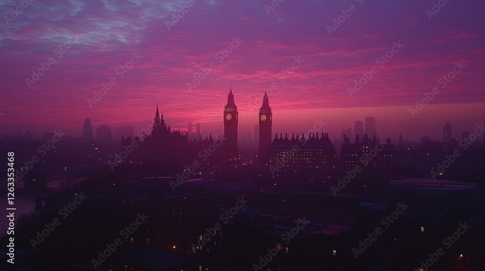 Fototapeta premium London skyline at dusk, silhouettes of famous landmarks, foggy cityscape, use for travel posters or historical displays
