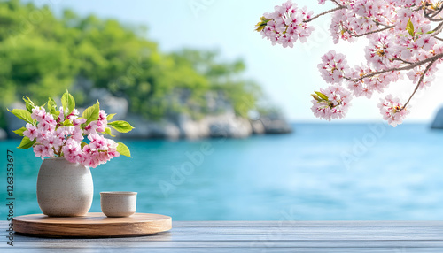 Wallpaper Mural Blossom arrangement on wood deck overlooking seascape during spring. Beauty use. Generative AI Torontodigital.ca