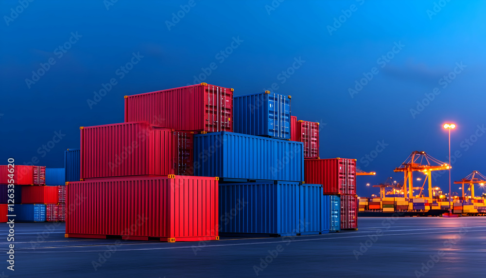 Cargo containers stacked at port facility during dusk for commercial shipping use. Generative AI