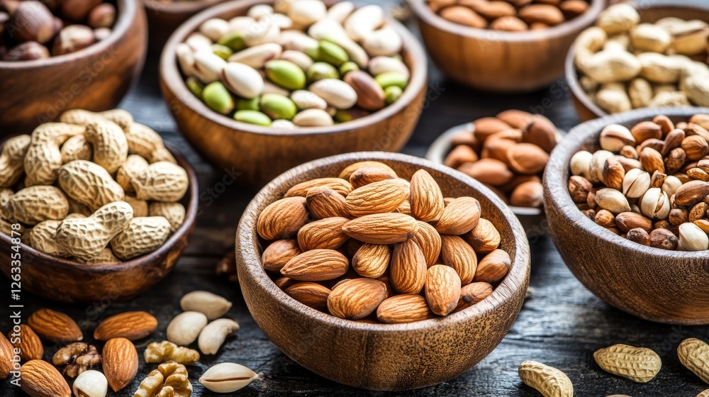 Assortment of Nuts in Wooden Bowls Almonds, Pistachios, Peanuts, Composition Photography, Food Photography, Healthy Snack Nuts, Healthy food Assortment of Nuts in Wooden Bowls Almonds, Pistachios, Peanuts, Composition Photography, Food Photography, Healthy Snack Nuts, Healthy food