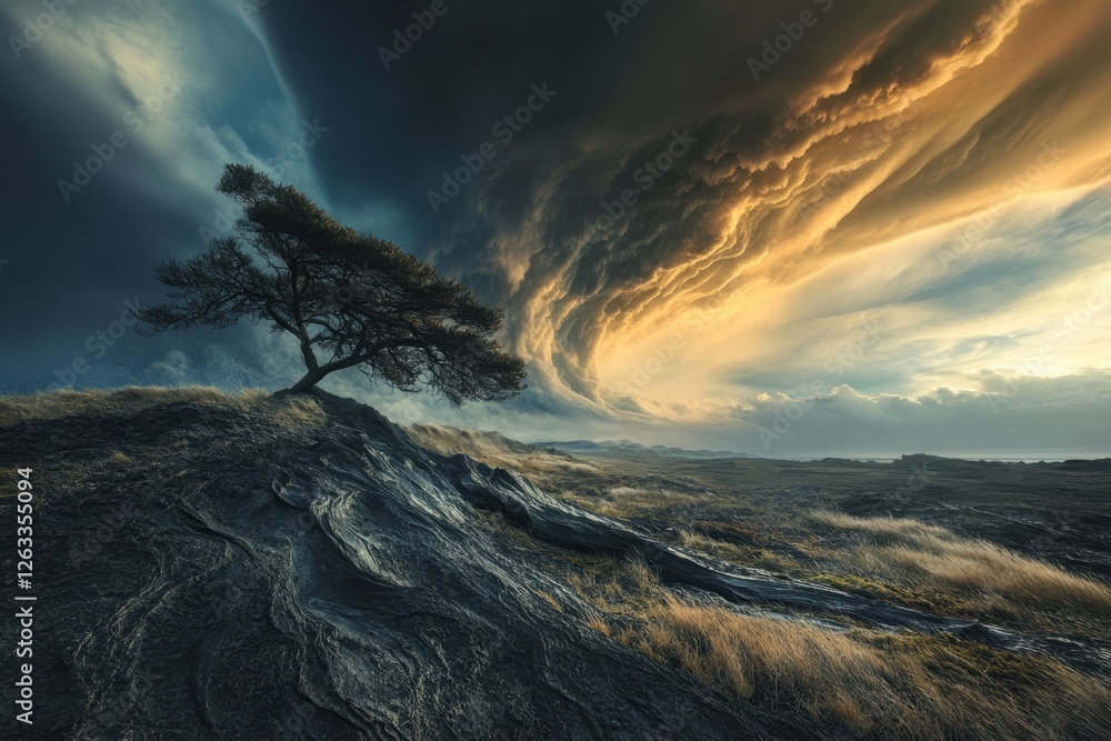 Naklejka premium Dynamic cloud formations above a lone tree on rocky terrain during sunset