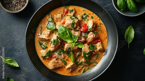 Wallpaper Mural Creamy Pork and Basil Curry Overhead Shot, Black Bowl, Thai Cuisine, Recipe Thai food, Pork Curry Torontodigital.ca