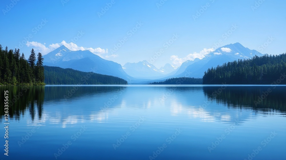 Naklejka premium Serene Mountain Lake Reflection Landscape Photography, Calm Water, Blue Hues, Majestic Peaks, Nature Scenery Keywords Mountain lake, landscape photography