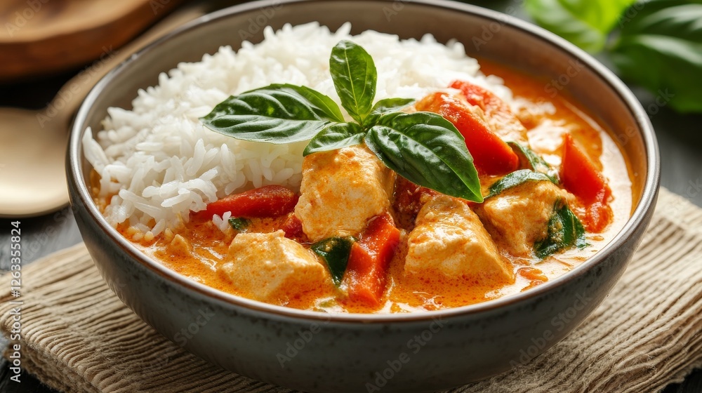 Thai Red Chicken Curry with Rice Creamy Coconut Milk, Basil Garnish, Close-up Food Photography Thai food, Curry recipe Thai Red Chicken Curry with Rice Creamy Coconut Milk, Basil Garnish, Close-up Food Photography Thai food, Curry recipe