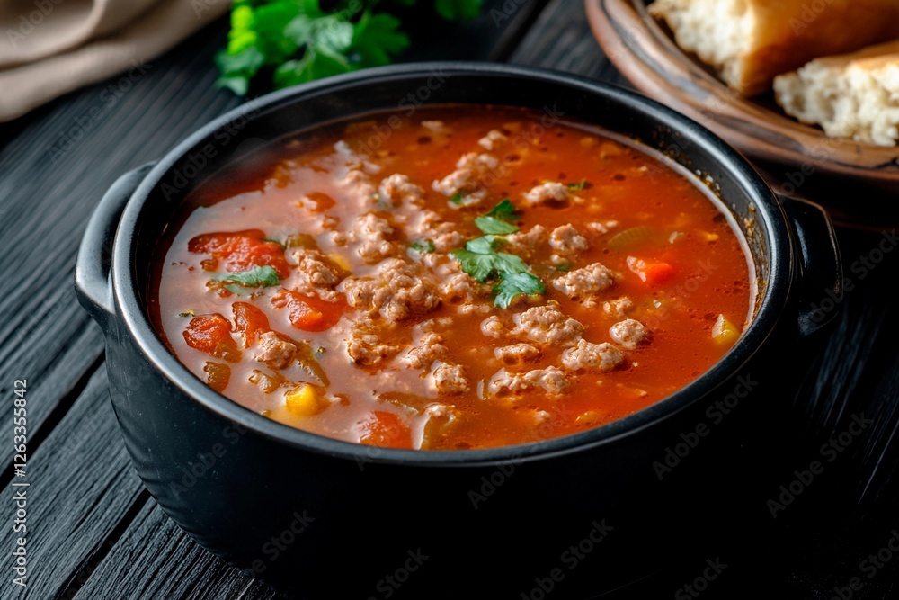 Rich and hearty meat soup garnished with fresh herbs served with warm bread on a rustic table Rich and hearty meat soup garnished with fresh herbs served with warm bread on a rustic table