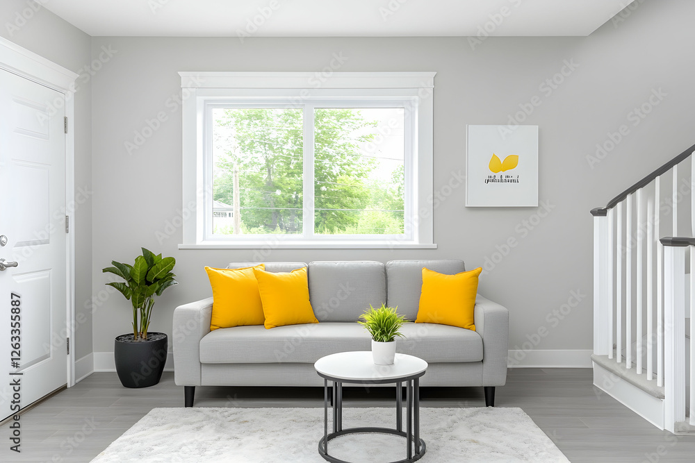 Cozy living room with sofa, plant, and artwork near staircase, for real estate. Generative AI Cozy living room with sofa, plant, and artwork near staircase, for real estate. Generative AI