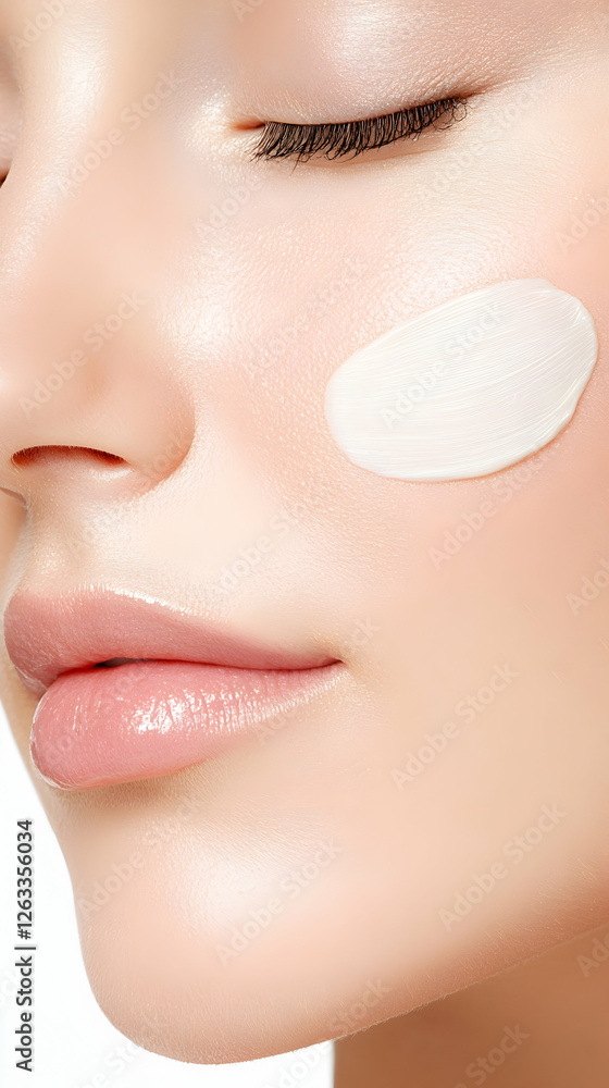 Cream Applied on Face for Hydration and Skincare on White Backdrop for Beauty Product. Generative AI Cream Applied on Face for Hydration and Skincare on White Backdrop for Beauty Product. Generative AI