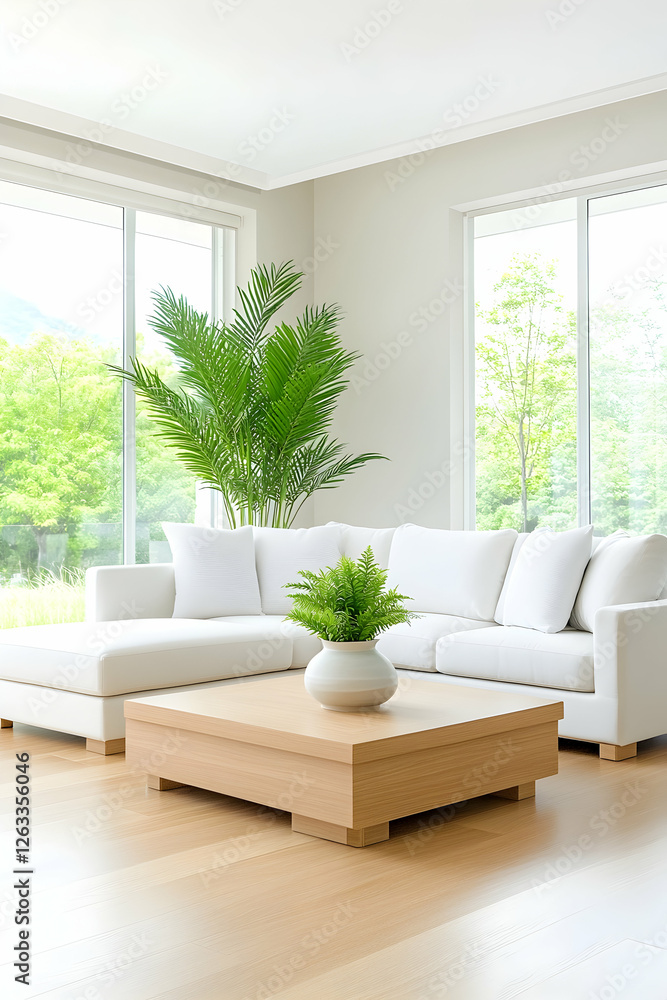 Fototapeta premium Cozy room White sofa and wood table with green plants and garden view, interior design. Generative AI