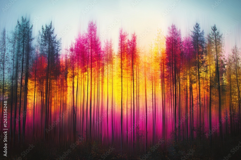Fototapeta premium Vibrant sunset illuminates a colorful forest with tall trees and a magical atmosphere