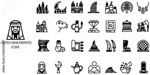 United Arab Emirates simple concept 28 icons set. Contains such Muslim, tourism, building, Ramadan  .Vector illustration.