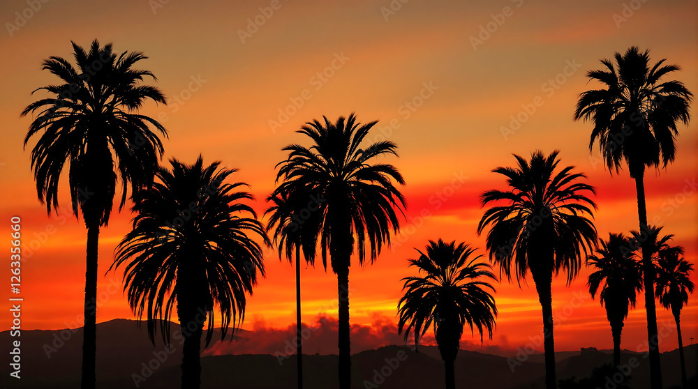 Fototapeta premium Majestic palm trees standing tall as dark silhouettes against a vibrant orange and red sunset in Los Angeles.