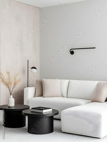 Elegant minimal living room interior with white sofa, coffee tables, for decor use. Generative AI