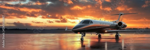 A luxurious private jet parked on the tarmac at sunset, reflecting golden hues from the sky. Private jet concept standing outside