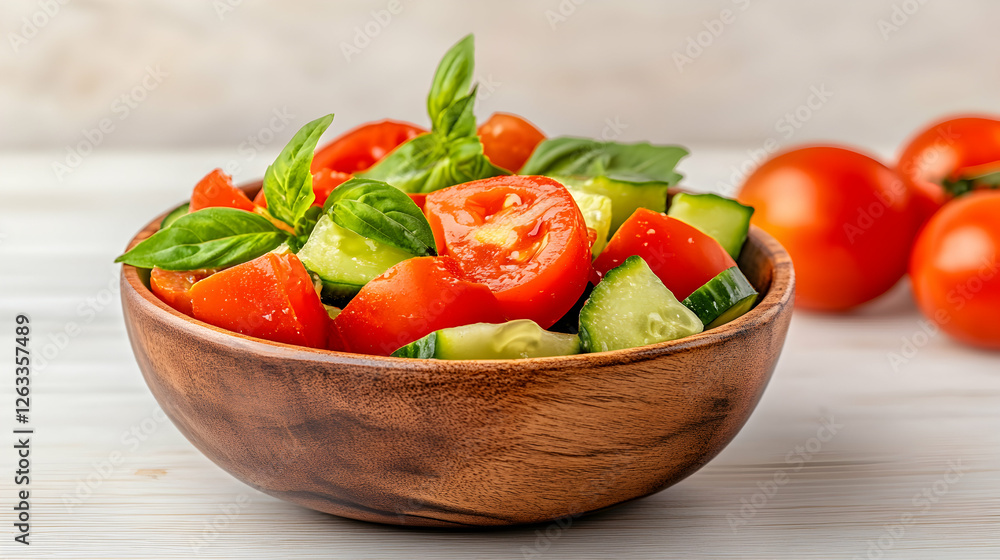 Fresh Tomato and Cucumber Salad in Wooden Bowl on Table for Food Blog or Cookbook. Generative AI Fresh Tomato and Cucumber Salad in Wooden Bowl on Table for Food Blog or Cookbook. Generative AI