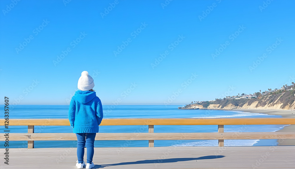 Girl enjoys ocean view from the pier on a sunny day; travel and nature imagery. Generative AI Girl enjoys ocean view from the pier on a sunny day; travel and nature imagery. Generative AI