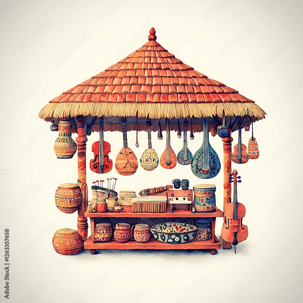 Obraz premium Vibrant Handcrafted Musical Instruments and Pottery Stall.