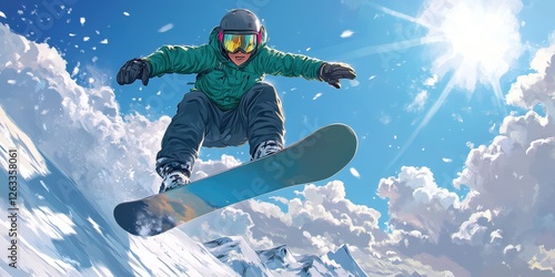 A dynamic snowboarder soars through the air against a vibrant blue sky dotted with soft white clouds. Foreground highlights the sleek board as powdery snow trails off to the left, capturing the essenc photo