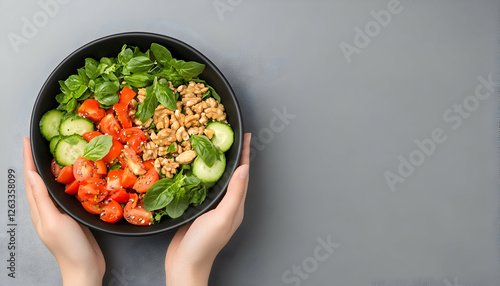 Hands holding a bowl of mixed salad. Generative AI photo