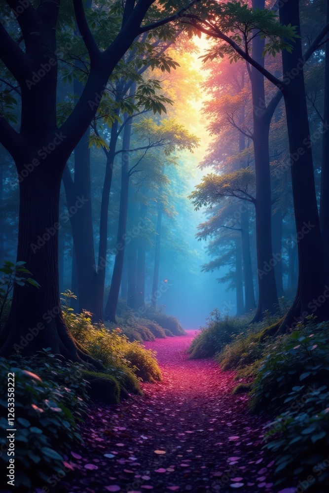 Swirling rainbow holographic aura surrounding a mystical forest, aurora, fantasy, colors