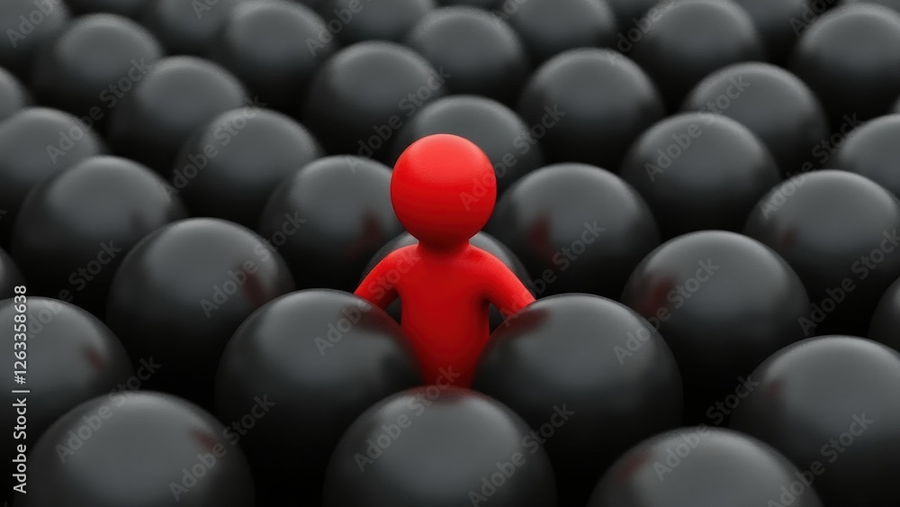 Fototapeta premium Red Figure Amidst Black Spheres Symbolizes Insider Threat Identification in Security Consulting and Risk Assessment