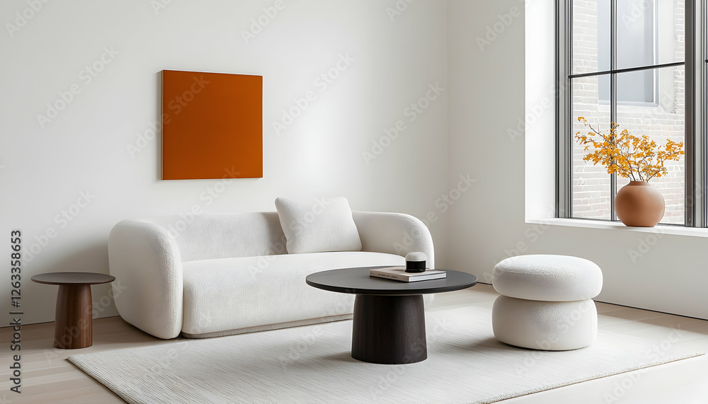 Living room interior with a sofa, table and stool, near window and decoration. Generative AI Living room interior with a sofa, table and stool, near window and decoration. Generative AI