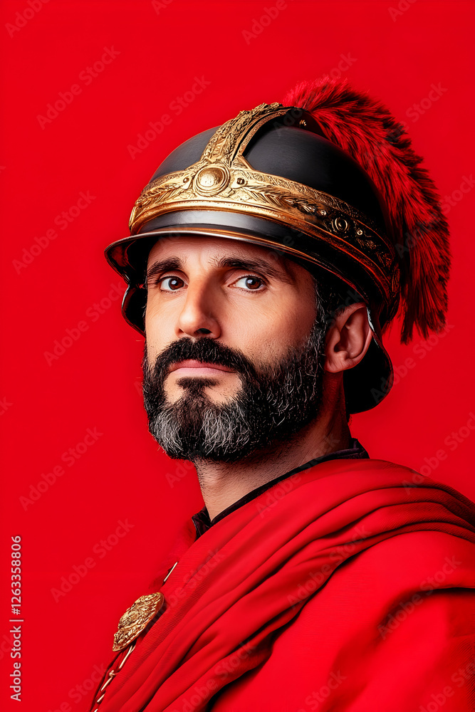 Man in Roman soldier attire, posed, against plain red backdrop, costume portray. Generative AI Man in Roman soldier attire, posed, against plain red backdrop, costume portray. Generative AI