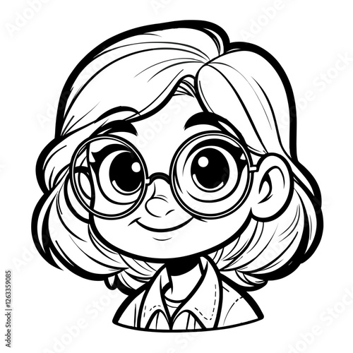 Adorable cartoon girl with round glasses and short wavy hair, smiling cheerfully. Black and white anime-style character with big expressive eyes, perfect for avatars, stickers, digital art, and comic