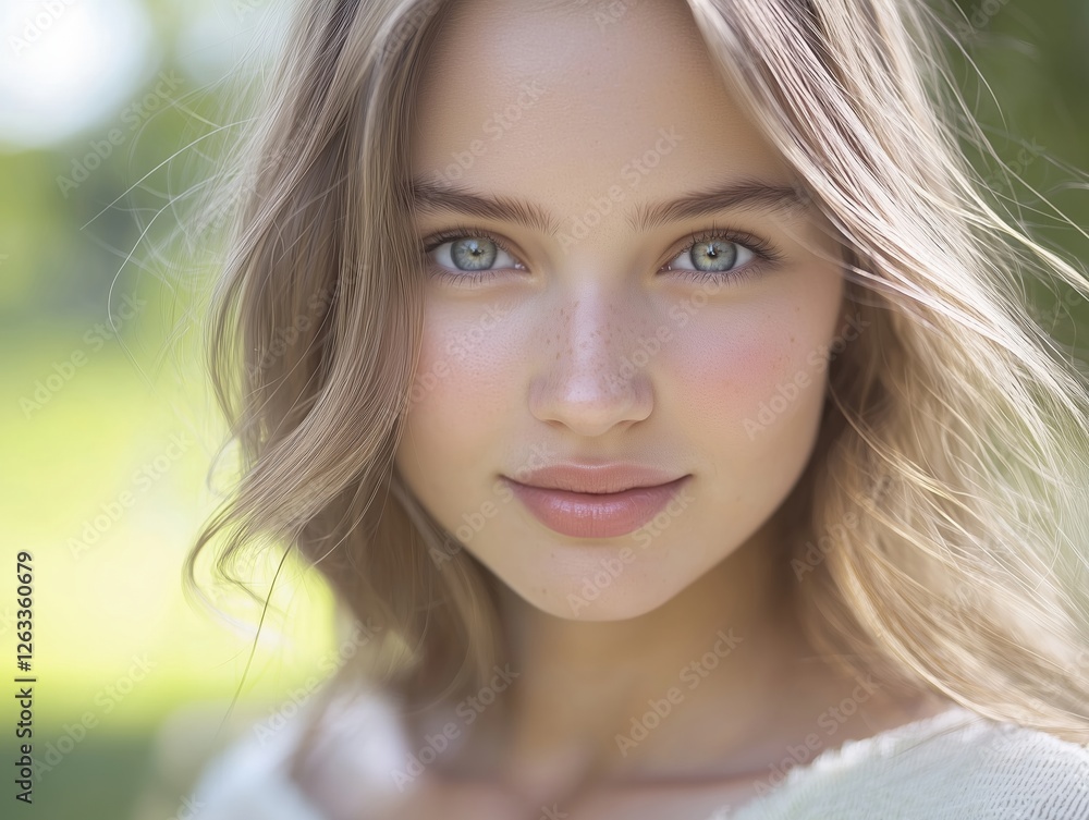 A young woman with long hair and striking blue eyes, smiling softly against a blurred green background. A young woman with long hair and striking blue eyes, smiling softly against a blurred green background.