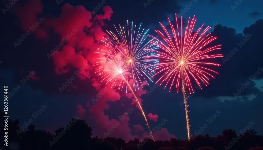 Vibrant red and blue fireworks illuminate the darkness, display, dazzling, glitter Vibrant red and blue fireworks illuminate the darkness, display, dazzling, glitter