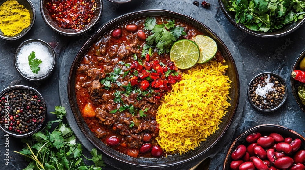Traditional Iranian Ghormeh Sabzi, rich herb and lamb stew with saffron rice, vibrant colors, cultural cuisine Traditional Iranian Ghormeh Sabzi, rich herb and lamb stew with saffron rice, vibrant colors, cultural cuisine
