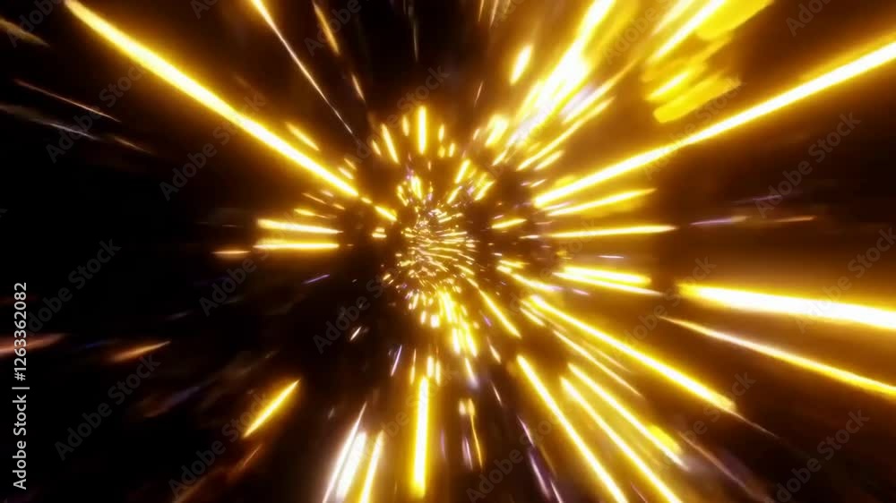 A golden hyperspace jump effect, with streaks of bright light converging into a tunnel of energy. Concept of futuristic space travel and speed of light A golden hyperspace jump effect, with streaks of bright light converging into a tunnel of energy. Concept of futuristic space travel and speed of light
