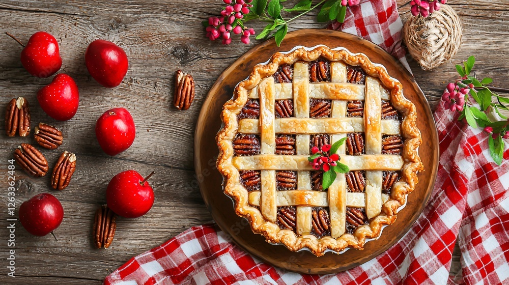 Apple pecan pie, rustic wood, autumn setting, food photography, recipe Apple pecan pie, rustic wood, autumn setting, food photography, recipe
