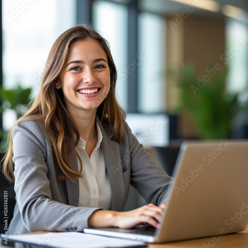 Free Download Close-up of a cheerful young businesswoman sitting at her desk with laptop, engaging in work with positive energy, copy space available for design. - GFXLoad