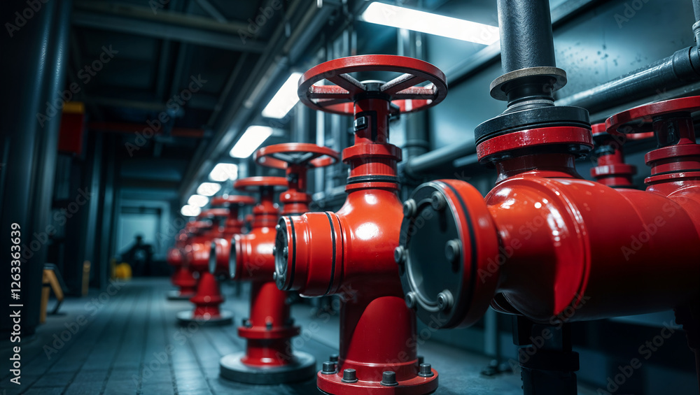 Red valves arranged in a modern industrial facility with advanced machinery and controlled lighting Red valves arranged in a modern industrial facility with advanced machinery and controlled lighting