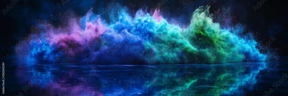 Fototapeta premium A burst of blue green and pink Holi powder swirling above a smooth reflective surface