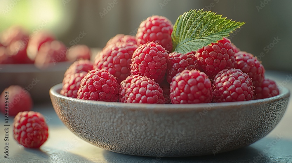 Fresh raspberries in bowl, kitchen counter, sunlight, healthy food, recipe Fresh raspberries in bowl, kitchen counter, sunlight, healthy food, recipe