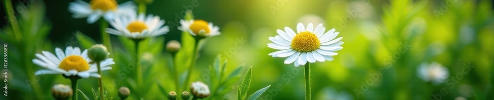 Close-up view of chamomile flowers amidst vibrant leaves , stems, medicine, calm Close-up view of chamomile flowers amidst vibrant leaves , stems, medicine, calm