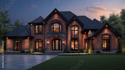 Luxurious Brick Home at Dusk, Spacious Exterior, Tranquil Evening photo