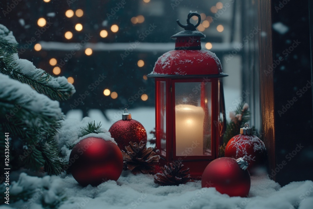 Red Lantern with Christmas Ornaments Red Lantern with Christmas Ornaments