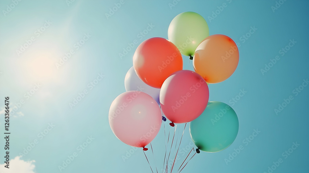 A set of colorful helium balloons tied together, floating against a bright blue sky, representing happiness and celebration A set of colorful helium balloons tied together, floating against a bright blue sky, representing happiness and celebration